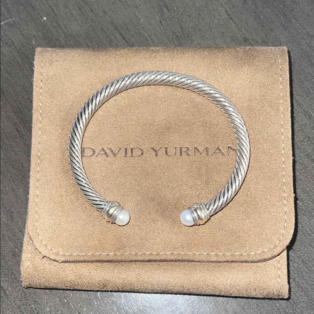 David Yurman Silver Cable Pearl-Ended Cuff Bracelet
